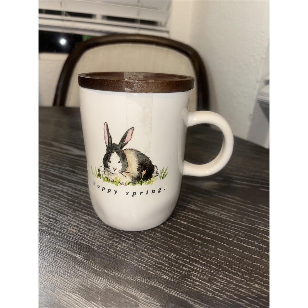 Rae Dunn Hoppy Spring Ceramic Mug with Wood Lid Coaster‎ Bunny Rabbit Easter